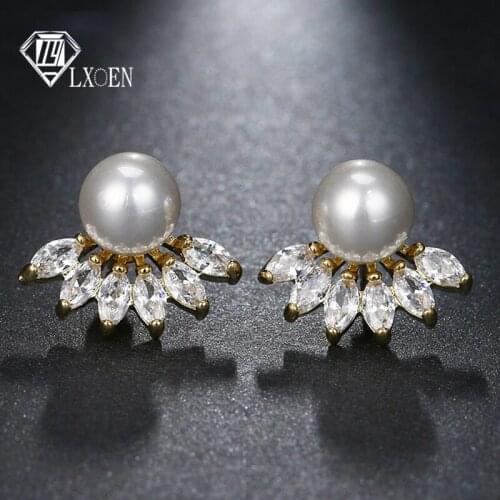 LXOEN Druzy Round Simulated Pearl Earrings Fashion Silver Color Small Studs Ear With AAA Zircon Stud Earrings Indian Jewelry