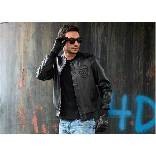 Free shipping.Sales quality Sheepskin jackets,mens genuine sheep leather,motorcycle classic biker.Brand cool skull