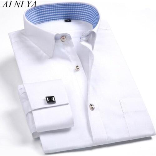 Men French Cufflinks Shirts White Collar Design Solid Color Jacquard Fabric Male Gentleman Dress Long Sleeves Shirt