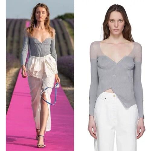 2021 Summer new asymmetrical color stitching thin perspective rib V single-breasted sweater cardigan