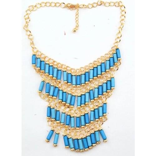 Bohemian Style Multi-Chain Color Cylinder Resin Gemstone Tassel Necklace Multi-Row Cylindrical Beads Pendant Necklace Jewelry