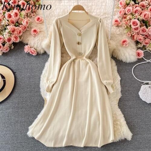 Kimutomo French Retro Dress Women Autumn Elegant V-neck Puff Sleeve Single Button Slim Solid Color Dresses Knitwear Fashion