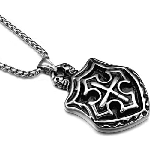 Punk Mens Vintage Cross Shield Spells Pendant Necklace Stainless Steel Chain Jewelry Gift for Men Jewelry