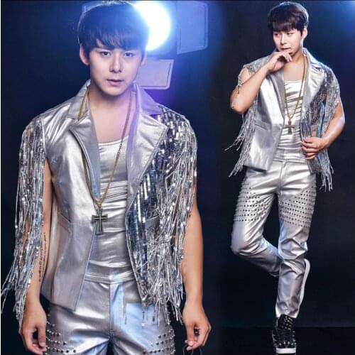 S-5xl New Men Dj Costume Personality Tassel Rivet Paillette Vest Nightclub Bar Sleeveless Vest Stage Singer Clothing