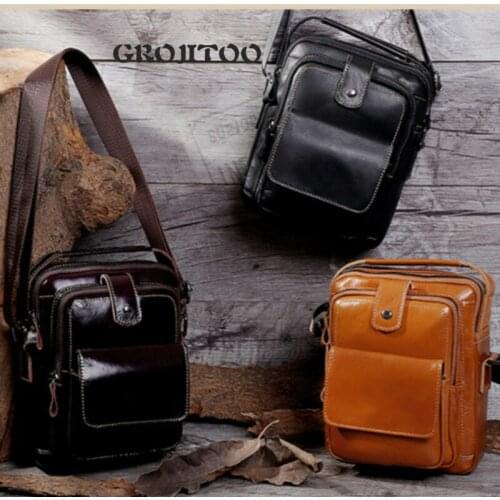 GROJITOO Genuine Leather Mens bag top layer leather mens shoulder bag crossbite mens multifunctional bag for man