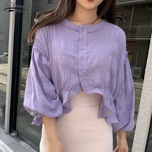 2021 New Autumn Lantern Sleeve Cotton Shirts Women Casual Single Breasted Solid Women Blouse Cardigan O Neck Ladies Tops 10153