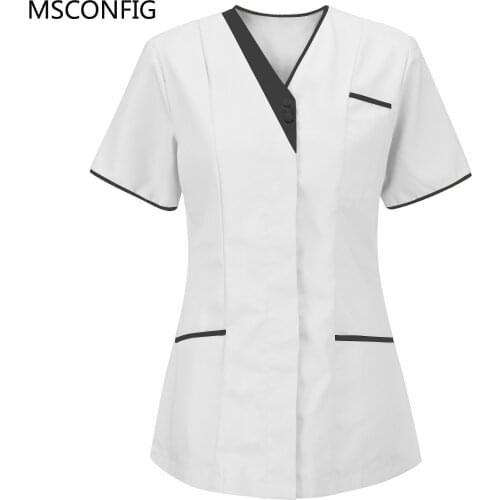 Women Short Sleeve V-neck Medical Uniform Tops Working Uniform Floral Print Pocket Blouse Overalls Nurse Scrubs Set