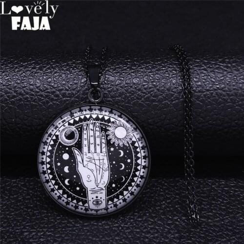 Witchcraft Divination Sun Moon Hand Divination Glass Stainless Steel Necklace Women/Men Black Color Jewelry collier N5145S03