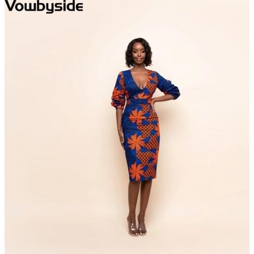 Summer Womens Fashion Print Sexy V-neck Three Quarter Sleeves Slim Dress