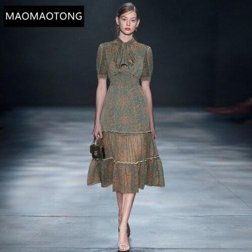 Summer Fashion Runway Vacation Dress Elastic waist Womens Elegant Puff sleeve Floral print Vintage Chiffon Dress