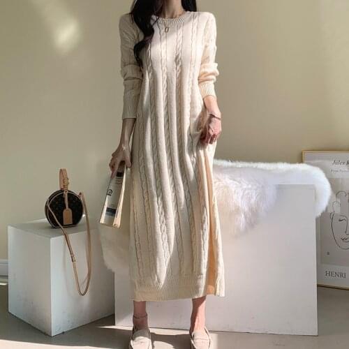 Chic Autumn O-neck Twist Straight Sweater Dress Casual Women Long Sleeve Midi Knitted Dress 2021 Winter Thicken Knit Vestidos