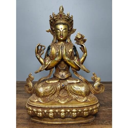 12"Tibet Buddhism Old Bronze Gilt Gem Four-Walled Guanyin Bodhisattva Buddha statue Lotus Terrace Enshrine the Buddha