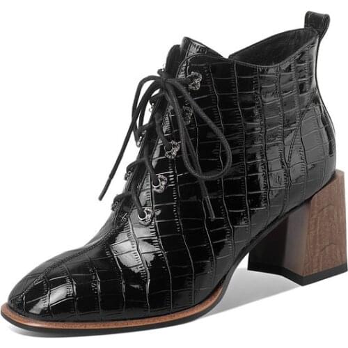 Brand Cow Leather Ankle Boots for Women High Heels Zipper Short Ladies Shoes Woman Round Toe Party Wedding Pumps