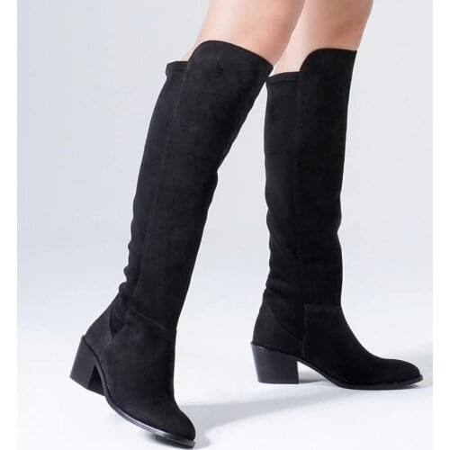 Callizio Women Genuine Leather Boots Knee High Square Low Heels Comfortable Designer Luxury Handmade Female Brown Knee Boot Anti-Slip Elastic Band Easy Wear Rubber Sole Big Size 12 Shoes for Woman 2021 Footwear
