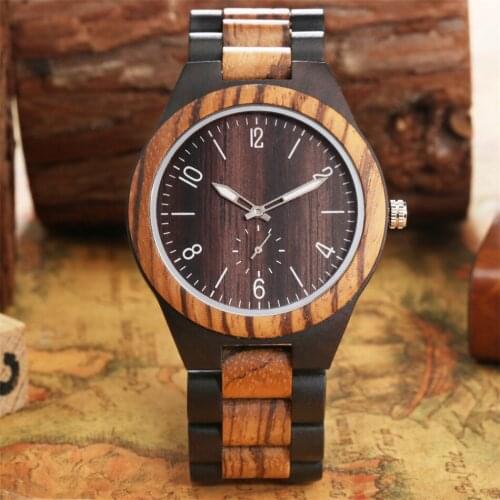 Natural Wood Watch for Men Ebony Zebrawood Quartz Wristwatch Stylish Mens Watches reloj de madera Full Wooden Bangle Wristband
