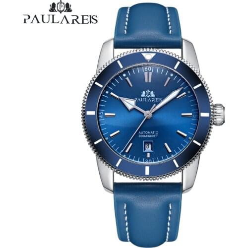 PAULAREIS Brand Waterproof New Rotatable Bezel Men watch Genuine Leather Business Luminous Clock Man Mechanical Automatic Watch