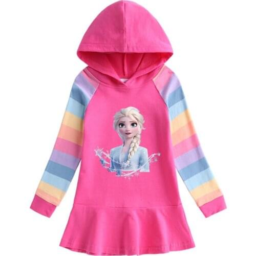 Disney Frozen Spring Autumn Rainbow Girls Dress Elsa Hooded Dress Childrens Long Sleeve Princess Elsa Dress