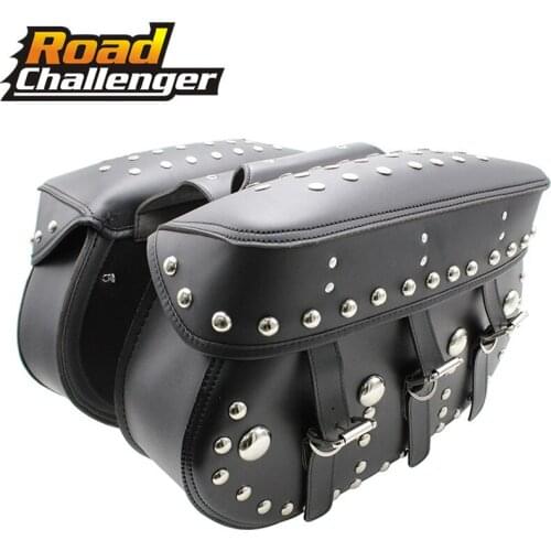 For Harley For Yamaha For Kawasaki Universal Motorcycle Black PU Leather Tool Bag Luggage Side Saddlebag Storage Rivets