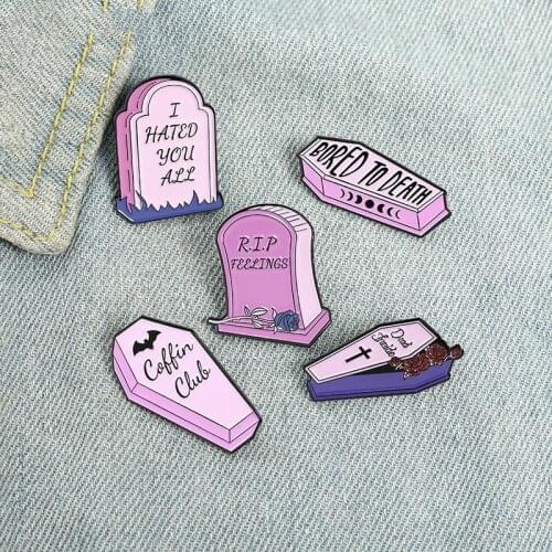 Dead Inside Enamel Pins Custom Purple Coffin Tombstone Brooch Lapel Badge Bag Gothic Punk Jewelry Gift for Friends Wholesale