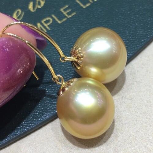 HENGSHENG 12-13mm Nearly Round Natural Ocean Golden Pearls Earrings Pure 18k Gold Drop Earrings Luxury Fine Jewelry For Women