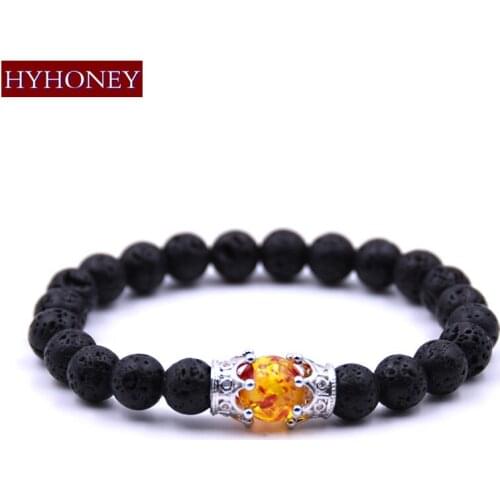 HYHONEY Black Lava Natural Beads Strand Bracelet Micro Pave CZ Double Crown Bracelets Energy Gifts Buddha Men Jewelry
