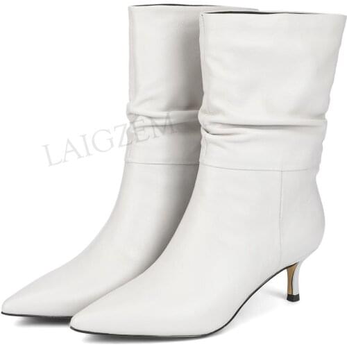 LAIGZEM QualityLEATHER Women Slouth Boots Kitten Heels Slip On Botas Chaussure Winter Boots Shoes Woman Botas Mujer Size 34 39