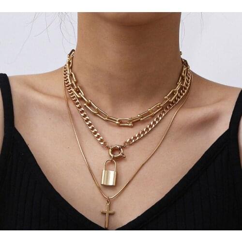 Punk Multilayer Thick Chains Lock Cross Pendant Necklace Women Vintage Geometric Alloy Chains Necklaces Pendants Jewelry Kolye