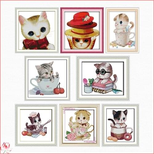 Joy Sunday Lovely Cat Cross Stitch Kit DIY Pattern Chinese Embroidery 11CT 14CT Needlework Sewing Kit Home Decoration Painting