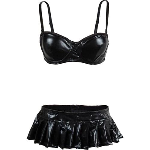 New 2019 Sexy Club Wear Night Black Dress Faux Leather Mini Dress Women Bra Top Shorts Dress Costumes Bra+Pleated 2 pieces Sets