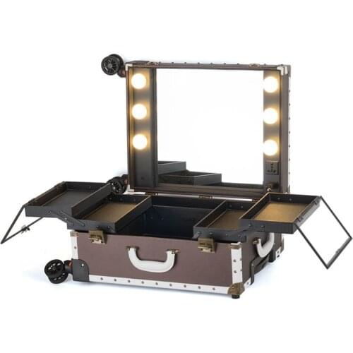 Full Professional Makeup Case Beauty Manicure Artist Holder Aluminum luxury Suitcase Wheel Storage Cosmetic With Mirror Lamp Box