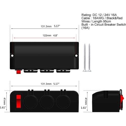 12V Outlet Female Socket USB Panel Prewired 3 in 1 Cigarette Lighter Quick Charge LED Voltage Display Toggle Switch