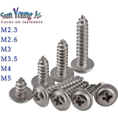 Cross Round Head Self-tapping with Padded Screw M2.3 M2.6M3M3.5M4M5 Stainless Steel with Collar Pad Washer Silver Fastener Screw