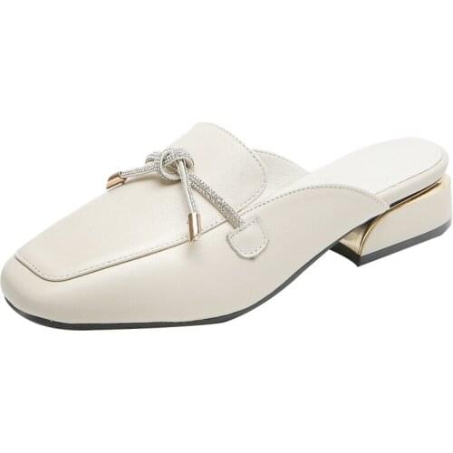 Grain Leather Fluffy Muller Lazy Sandals Shoes Fashion Square Toe Women Slippers Size 35-43