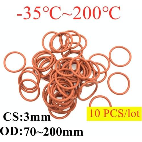 10pcs Red VMQ Silicone O Ring CS 3mm OD 70mm ~ 200mm FoodGrade Waterproof Washer Rubber Insulated Round Shape Seal Gasket