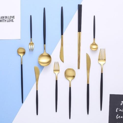 Cutlery Dinner Set Black Gold Stainless Steel Tableware Set Home Spoon Fork Knife Chopsticks Kit Dinnerware Sets Dropshiping