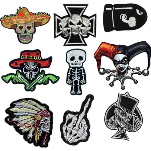 Dark Punk Embroidered Patches Black Bullet Middle Finger Human Skeleton Badges for Colothes Iron On Pokers King Appliques