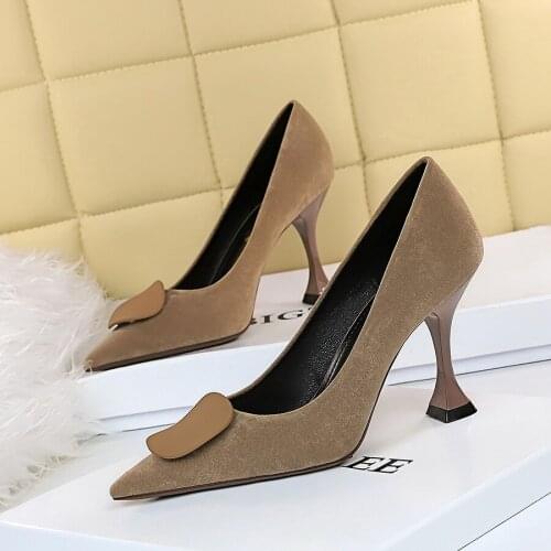 Flock High Heels Shoes Women Solid Color Pointed Toe Pumps Design Ladies Shoes New Arrival