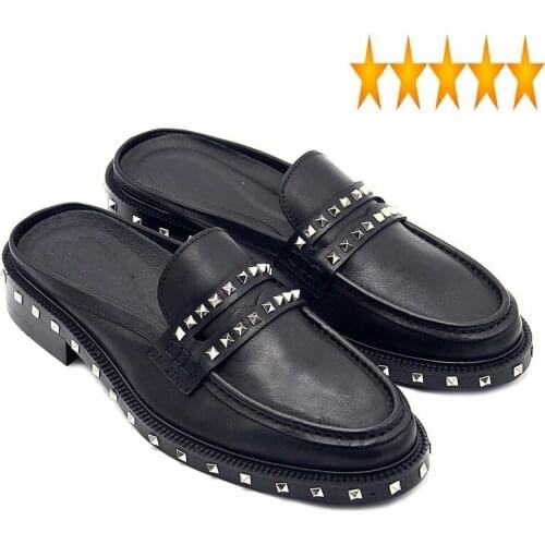 Classics Black Rivet Punk 2021 Sandals Men Slip On Slippers Genuine Leather Loafers British Summer Dress Italian Shoes Mocassin