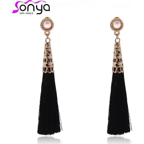 Vintage Ear Accessories Women Earrings Simulated Pearl Decor Hollow Alloy Threads Tassel Dangle Earrings 4B1014