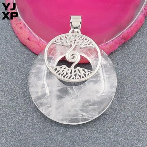 YJXP Silver Plated Safety Buckle Round Stone Pendant Tree of Life Rock Crystal Charm Jewelry
