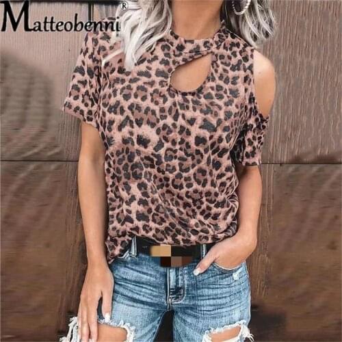 Fashion Cut Out Leopard Print Short Sleeve T-Shirt Women Summer Tops Plus Size Loose Casual Sexy Off Shoulder Female T-Shirts