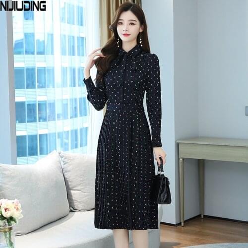 NIJIUDING Autumn New Bow Collar Multicolor Dot A-line Women Dress High Waist Long Sleeve Mid-length Pleated Dresses Female 2020