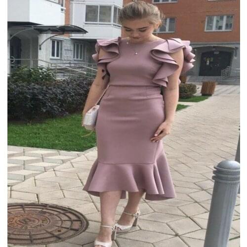 Chic Dusty Pink Midi Evening Dress With Ruffles Sleeve O Neck Mermaid Elegant Formal Prom Dresses 2021 Women Cocktail Party Gown