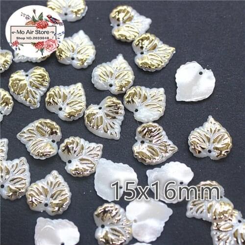 100pcs/lot 16mm Ivory gold color leaf Beads ABS Resin Flatback Simulated pearl Beads Jewelry Crafts Decoration one hole