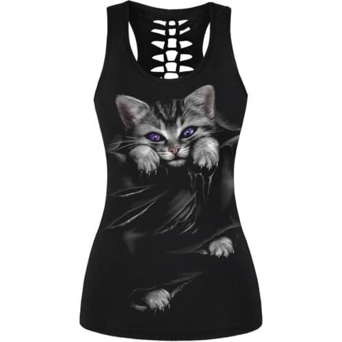 2019 JieZuoFang Gothic Sexy Female T-Shirts Short Thin Cute Cat Print 3D Women Fitness Tank Top Fashion Sexy Streetwear Vest