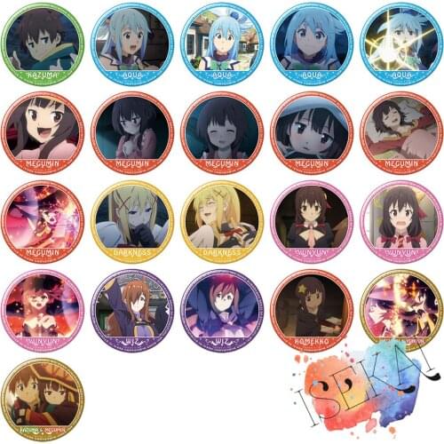 50mm KonoSuba Gods Blessing on this Wonderful World Anime Badge Aqua Darkness Megumin Yunyun Komekko WIZ Metal Badge Brooch Pin