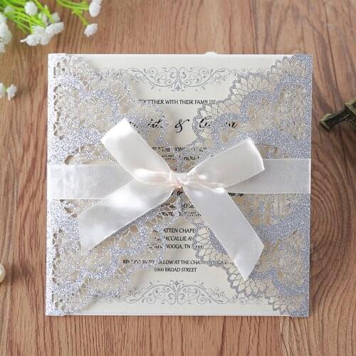 50pcs/lot Slivery Glitter Laser Cut Lace Wedding Invitations Cards with Hollow Flora Drill for Engagement Wedding Bridal Shower