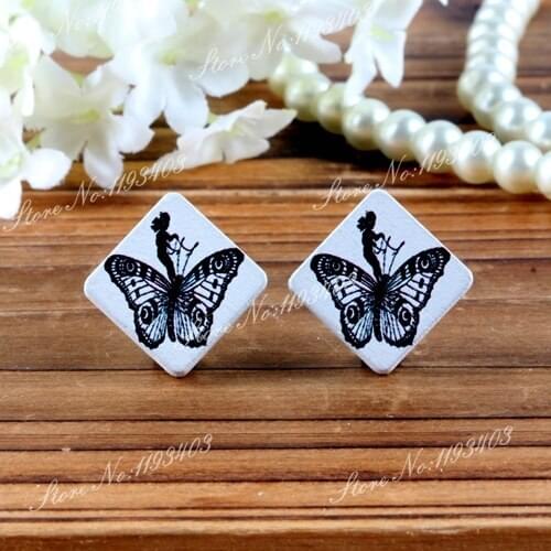Butterfly Square Shape High Quality Photo Wood Laser Cut Cabochon to make Rings, Earrings, Bobby pin,Necklaces, Bracelets