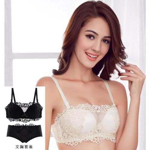 Sexy lace embroidery bralette gather stomacher half cup underwear sutian set 1/2 cup ladies Wedding bra Suit