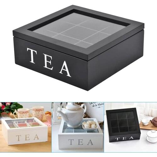9 Cells Wooden Storage Box with Visible Lid for Tea Bag Jewelry Coffee Retro Style 23*23*9CM J2Y